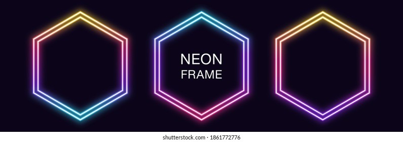 Gradient neon hexagon Frame. Vector set of hexagonal neon Border with double outline. Geometric shape with copy space, futuristic graphic element for social media stories. Rainbow, iridescent color - Shutterstock ID 1861772776