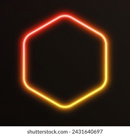 Verlaufender neonsechseckiger, rot-gelb leuchtender Rand isoliert auf dunklem Hintergrund. Buntes Nachtbanner, Vektor-Lichteffekt. Helle Leuchtform.