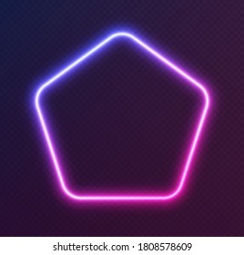 Gradient neon pentagon, blue-pink glowing border isolated on a dark background. Colorful night banner, vector light effect. Bright illuminated shape.