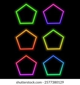 Gradient neon Pentagon frame with copy space. Neon gradient pentagonal border set templates.