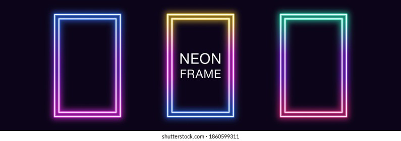 Gradient neon rectangle Frame. Vector set of rectangular neon Border with double outline. Geometric shape with copy space, futuristic graphic element for stories. Rainbow, iridescent color