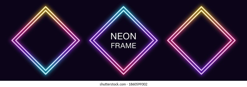 Gradient neon rhomb Frame. Vector set of rhombus neon Border with double outline. Geometric shape with copy space, futuristic graphic element for social media stories. Rainbow, iridescent color