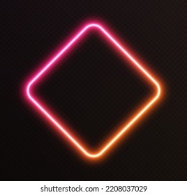 Rhombus de neón degradado, borde brillante rosa-naranja aislado en un fondo oscuro. Banner nocturno colorido, efecto de luz vectorial. Forma luminosa brillante.