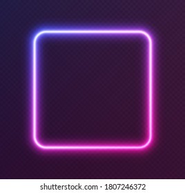 Gradient neon square, blue-pink glowing border isolated on a dark background. Colorful night banner, vector light effect. Bright illuminated shape.