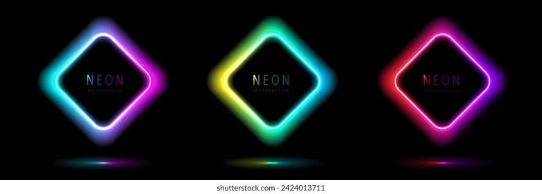Gradient neon square frame. collection of round glowing neon lighting on dark background with copy space. graphic element for social media stories. vector design.