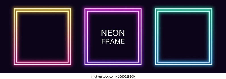 Gradient neon square Frame. Vector set of quadrate neon Border with double outline. Geometric shape with copy space, futuristic graphic element for social media stories. Rainbow, iridescent color