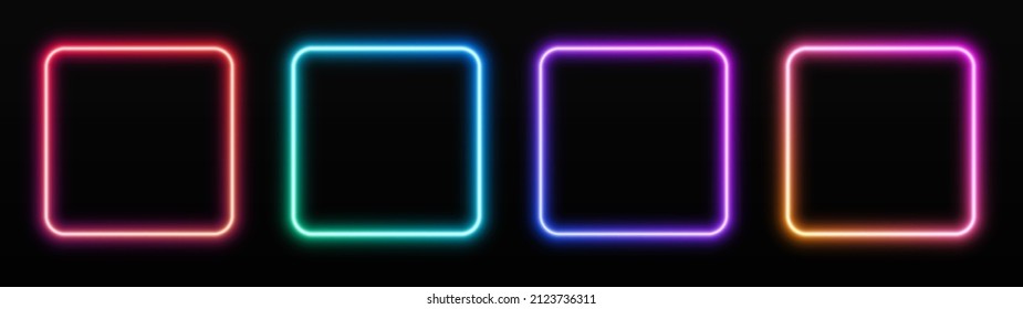 Gradient neon square frames set. Glowing borders isolated on a dark background.