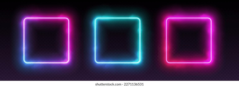 Gradient neon square frames with smoke, led borders with mist effect, transparent glowing haze. Avatar frames for game, futuristic UI design elements. Vector decorations. - Shutterstock ID 2271136531