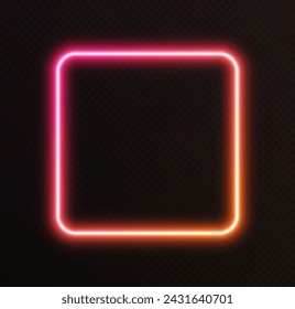 Cuadrado de neón degradado, borde brillante de color rosa-naranja aislado sobre un fondo oscuro. Banner de noche colorido, efecto de luz vectorial. Forma iluminada brillante.