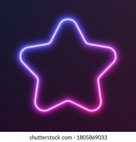 Gradient neon star, blue-pink glowing border isolated on a dark background. Colorful night banner, vector light effect. Bright illuminated shape.