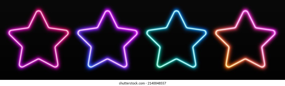 Gradient neon star frames set. Glowing borders isolated on a dark background.