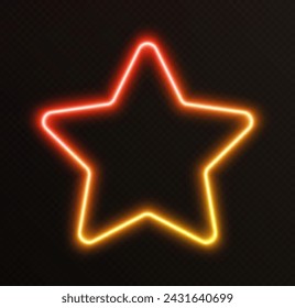 Gradient neon star, red-yellow glowing border isolated on a dark background. Colorful night banner, vector light effect. Bright illuminated shape.