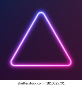 Gradient neon triangle, blue-pink glowing border isolated on a dark background. Colorful night banner, vector light effect. Bright illuminated shape.