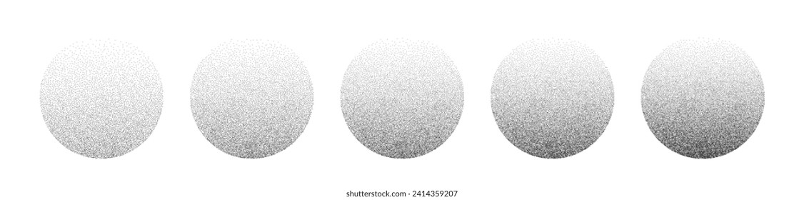 Gradient noise circles made of grains. Halftone round pattern elements of dots with a smooth gradation in tone from dark to light. Vector isolated illustration on white background.