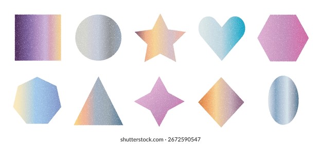 Conjunto de Formas geométricas de ruido de gradiente. Cuadro de texto con efecto granulado multicolor. Paquete de marcos con textura cuadrada y triangular. Estrella, hexágono, corazón y círculo. Pegatinas vintage de Vector. Figuras del Grunge.