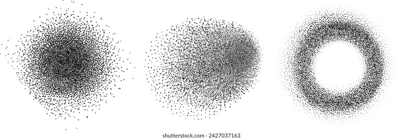 Gradiente Rauschkorntexturflecken, schwarz-weiße gepunktete Sprühschattierungen und Sandstaubflecken.Halftone Splatter bildet dunklen schwarzen Stippel-Kornrauch oder Dampf.