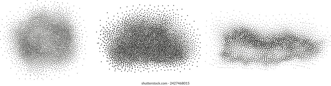 Gradient noise grain texture stains, black and white dotted spray shades, and sand dust spots.Halftone splatter forms forming dark lack stipple grain smoke or steam.