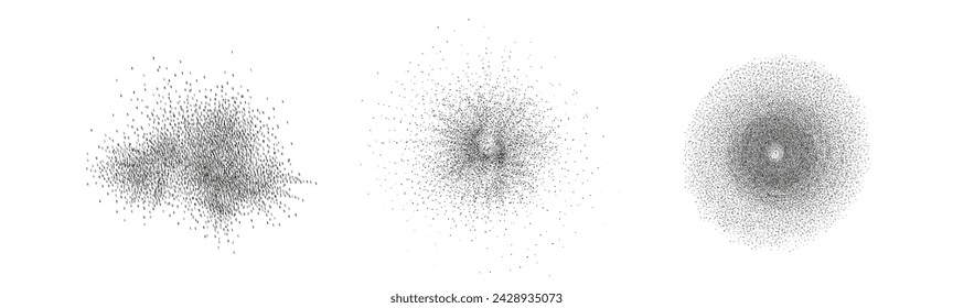 Gradient noise grain texture stains, black and white dotted spray shades, and sand dust spots.Halftone splatter forms forming dark lack stipple grain smoke or steam.