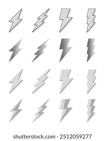 Colección de Vector punteado de ruido degradado de pernos de relámpago e ilustración de energía eléctrica. Grano de semitono Abstractas, símbolo de puntillismo para flash, relámpago, rayo, energía y electricidad