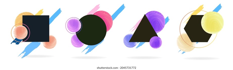 Gradient on different figures. Triangle, circle, square and polygon. Minimalistic hipster colored frame design. Set of black patterns. Cartoon flat vector illustration isolated on white background