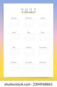 Calendario de degradado de una página 2024. Diseño moderno con un Domingo de Semana Comenzando.