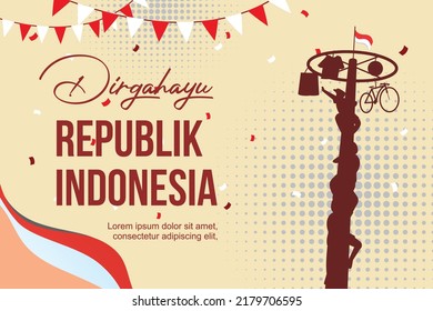 gradient orange concept background design for banner or greeting card of Indonesia Independece or other national day with red-white flag and silhouette of state symbol and the lettering Dirgahayu Repu
