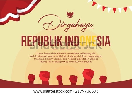 gradient orange concept background design for banner or greeting card of Indonesia Independece or other national day with red-white flag and silhouette of state symbol and the lettering Dirgahayu Repu [[stock_photo]] © 
