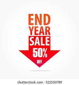 gradient orange red purple end year sale 50% off logo vector with a big arrow pointing down with drop shadow