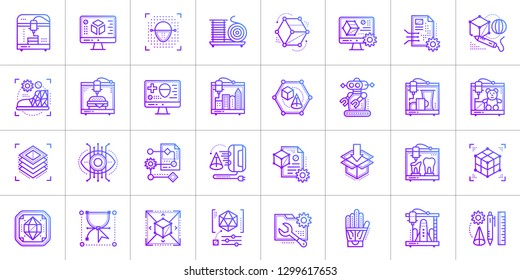 Gradient outline icons collection of 3D printing and 3D modeling. Suitable for infographics, websites, print media and interfaces