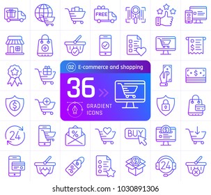 Gradient outline icons of online shopping and e-commerce. Pictogram collection suitable for banner, mobile application, website. Editable stroke