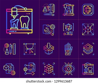 Gradient outline icons set of 3D printing and 3D modeling. Suitable for infographics, websites, print media and interfaces