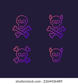 Gradient outline vector icons of skulls. Different variants of skulls with horns and bones. Simple, cute skull icons on a dark background.