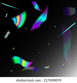  Gradient Overlay Glare Foil Tinsel. Rainbow Tinsel. Holo Glitch Effect Rainbow Bokeh. Flying Hologram Confetti. Silver Transparent Falling Particles. Blue, Purple, Green Celebration Background.