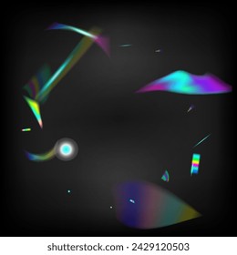  Farbverlauf Überlagerungsblendfolie Flitter. In: Falling Holograph Confetti. Regenbogenflitter. Holo Glitch Effekt Regenbogenlampen. Gold-transparente fallende Teilchen. Blau, lila, grün Feier Hintergrund.