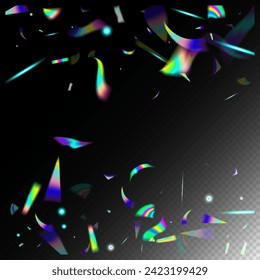  Tinsel de neón de niebla de pendiente. Tinsel arcoiris. Partículas De Crecimiento Transparentes Plateadas. Antecedentes De Celebración Azul, Púrpura Y Verde. Holograma en caída. Holo Glam Efecto Rainbow Bokeh.