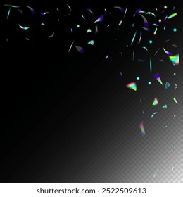  Gradient Overlay Neon Foil Tinsel. Flying Holograph Confetti. Silver Transparent Falling Particles. Rainbow Tinsel. Blue, Purple, Green Celebration Background. Holo Glitch Effect Rainbow Lights.