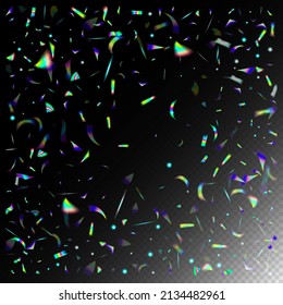  Gradient Overlay Vivid Foil Tinsel. Metal Transparent Falling Particles. Flying Hologram Confetti. Rainbow Tinsel. Blue, Purple, Green Celebration Background. Holo Glam Effect Rainbow Tinsel.