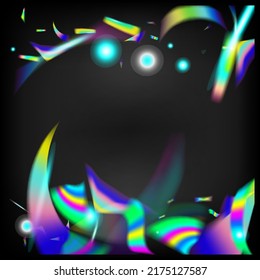  Gradient Overlay Vivid Foil Tinsel. Flying Holograph Confetti. Rainbow Tinsel. Gold Transparent Falling Particles. Holo Glam Effect Rainbow Bokeh. Blue, Purple, Green Celebration Background.