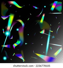  Gradient Overlay Vivid Foil Tinsel. Gold Transparent Falling Particles. Falling Holograph Confetti. Blue, Purple, Green Celebration Background. Rainbow Tinsel. Holo Glitch Effect Rainbow Lights.