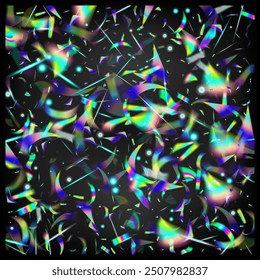  Gradient Overlay Vivid Foil Tinsel. Flying Holograph Confetti. Metal Transparent Falling Particles. Holo Glam Effect Rainbow Tinsel. Blue, Purple, Green Celebration Background. Rainbow Tinsel.