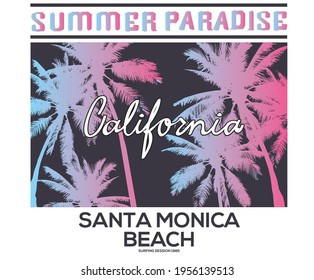 Gradient palm tree summer paradise vector t-shirt design. California beach vibes apparel design. santa monica beach.