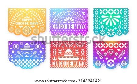 Gradient Papel Picado cards set. Mexican paper decorations for party. Cut out compositions for paper garland. May 5, mexican holiday Cinco de Mayo.