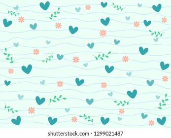 Gradient pastel blue heart, lovely pink flower and green leaf on pastel blue background with wave curve line. Sweet and beautiful vector pattern for Valentine love theme wallpaper and other design.