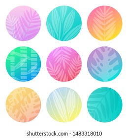 Gradient pastel circles with floral design. Round abstract shapes with leaves. Colorful trendy templates. Vector flat modern illustration.