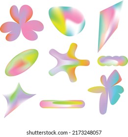 Gradient pastel iridescent shapes. Set isolated shapes elements of holographic chameleon design palette of shimmering colors. Modern abstract pattern, bright colorful paint splash fluid vector.