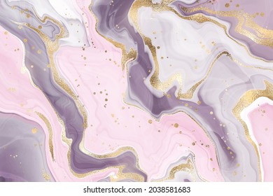 Gradient pastel pink and rose violet liquid marble or watercolor background with glitter foil textured stripes. Purple marbled alcohol ink drawing effect. Vector illustration of luxury backdrop.