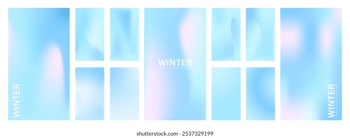 Gradient Pastel Winter Background. Cold fluid wave design. Abstract vector illustration. Set of Holiday season Mesh backdrops. Blue, purple and pink colors.