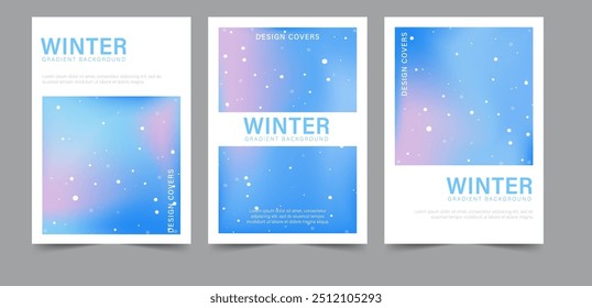 Gradient Pastel Winter Background. Iridescent aura posters. Set of trendy Neon banners for social media. Minimal blur wallpaper with snowflakes. Trendy Vector illustration.