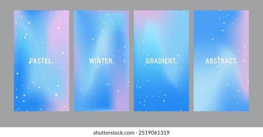 Fondo de invierno pastel degradado. Afiches de aura iridiscente. Conjunto de Anuncios de neón de moda para las redes sociales. Fondo de pantalla desenfocado mínimo con copos de nieve. Ilustración vectorial de moda.