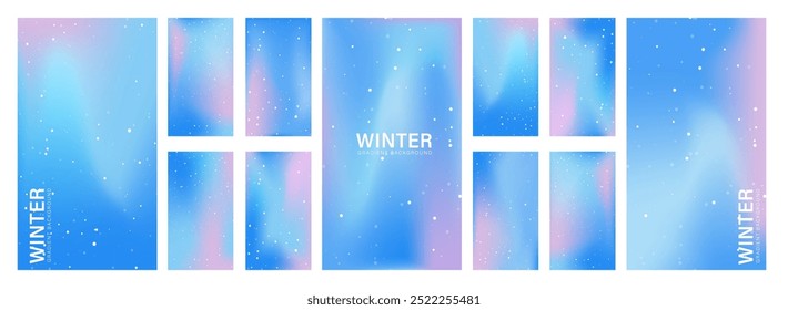 Fondo de invierno pastel degradado. Afiches de aura iridiscente. Conjunto de Anuncios de neón de moda para las redes sociales. Fondo de pantalla desenfocado mínimo con copos de nieve. Ilustración vectorial de moda.